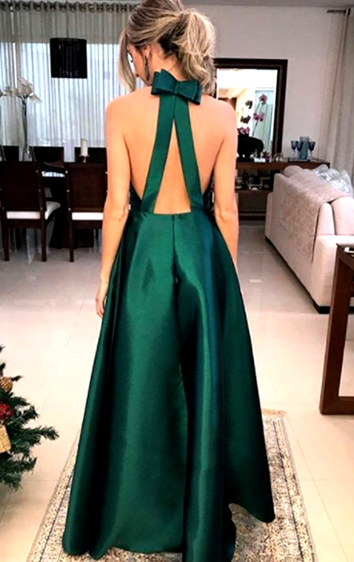 Vestido de fiesta largo de satén con escote en V y cuello halter de MACloth, vestido de noche formal verde