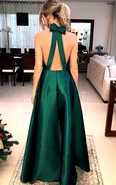 MACloth Halter V Neck Satin Long Prom Dress Green Formal Evening Gown