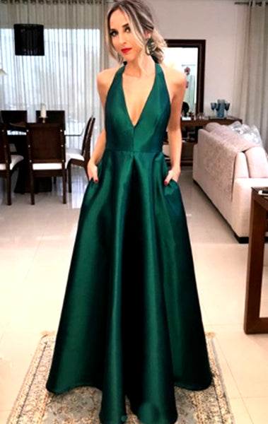 MACloth Halter V Neck Satin Long Prom Dress Green Formal Evening Gown