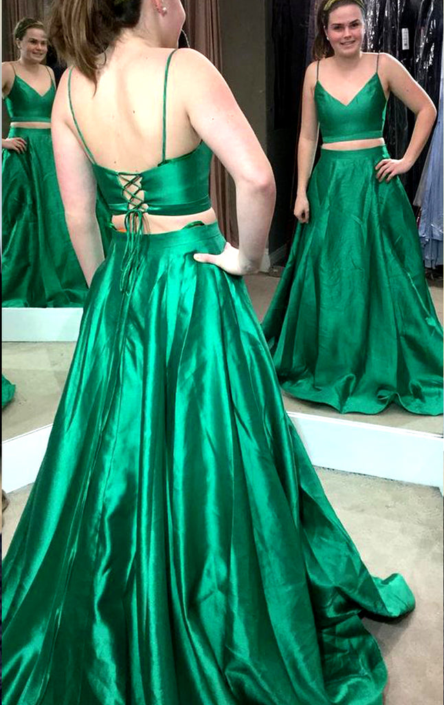 MACloth Two Piece V Neck Long Prom Dress Green Formal Evening Gown