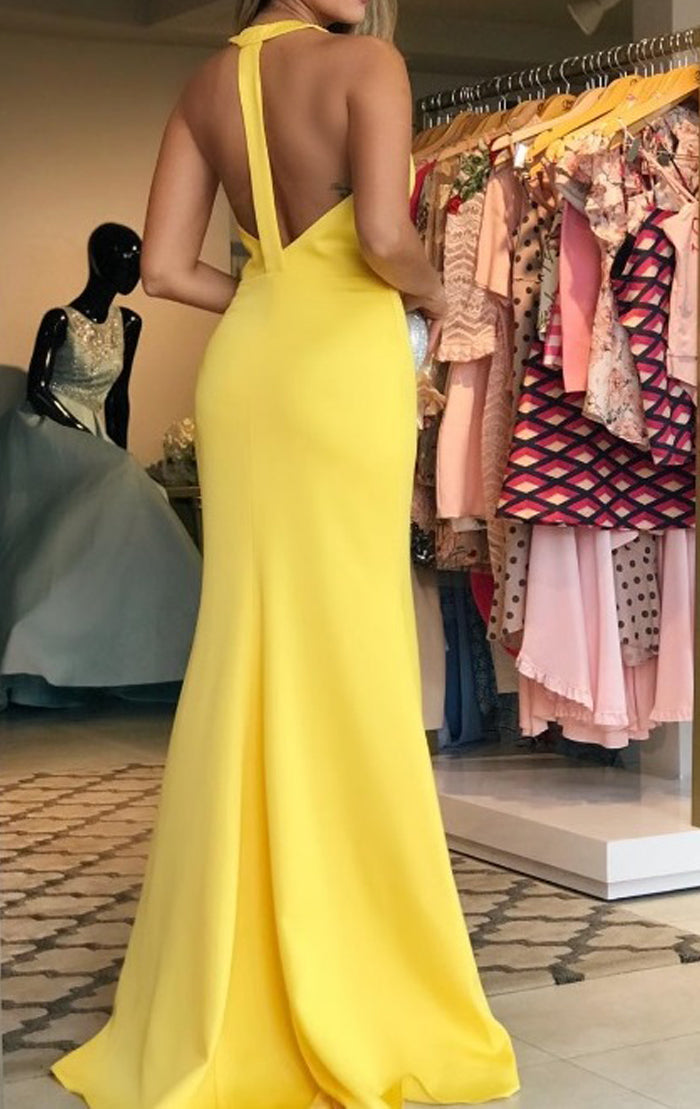 MACloth Halter V Neck Jersey Long Prom Dress Yellow Formal Evening Gow MACloth Halter V Neck Jersey Long Prom Dress Yellow Formal Evening Gow