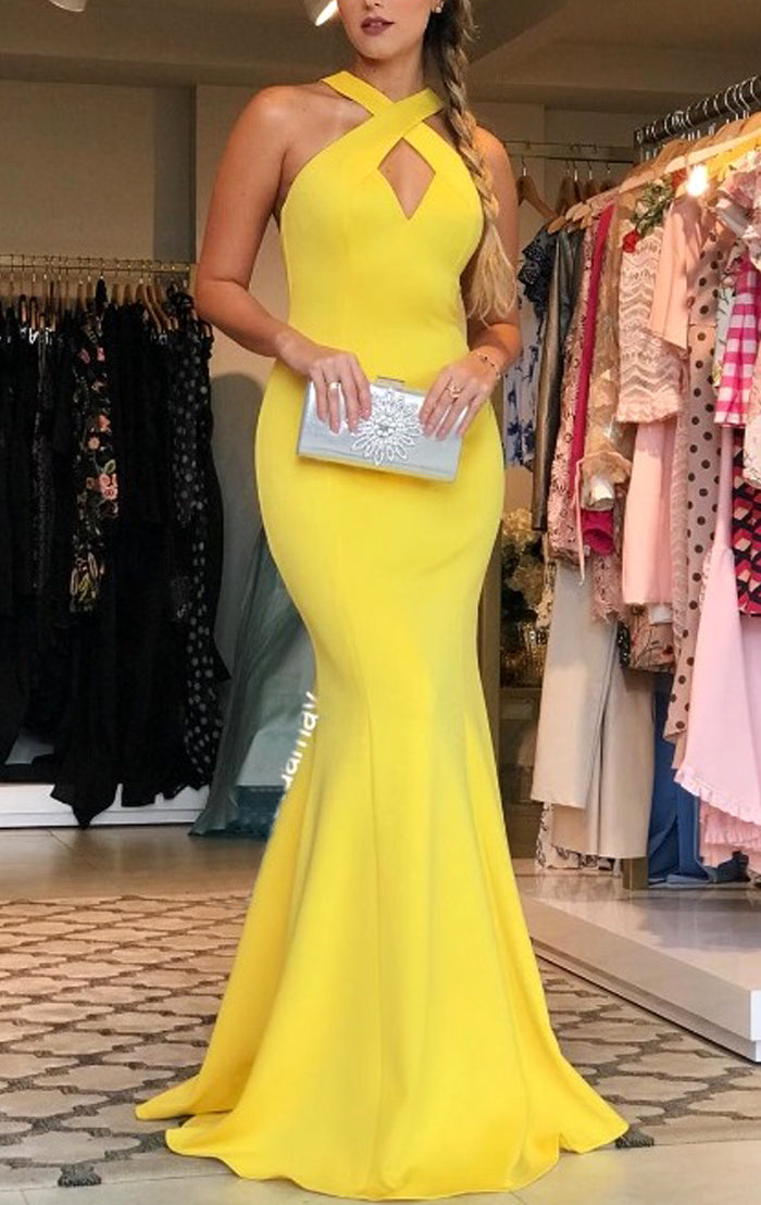 MACloth Halter V Neck Jersey Long Prom Dress Yellow Formal Evening Gown