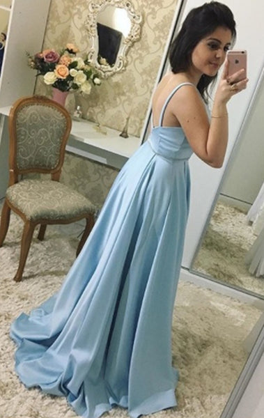MACloth Straps Deep V Neck Long Prom Dress Sky Blue Formal Evening Gown