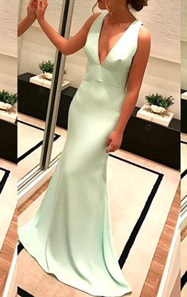 MACloth Deep V Neck Jersey Long Prom Dress Mint Formal Evening Gown