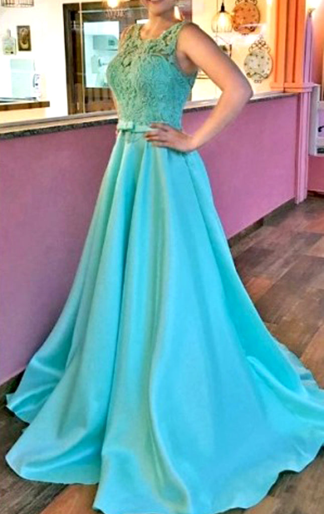 MACloth O Neck Lace Taffeta Long Prom Dress Blur Formal Evening Gown