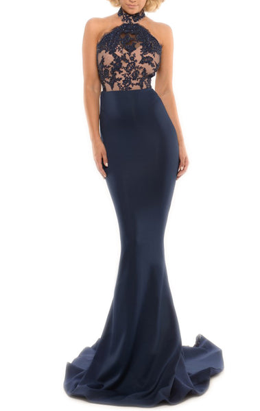 MACloth Mermaid Halter Lace Jersey Long Prom Dress Sexy Formal Gown