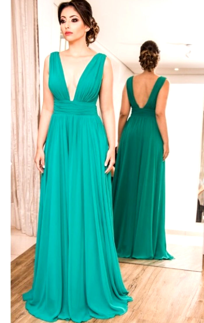 MACloth Deep V neck Chiffon Long Prom Dress Turquoise Formal Evening Gown