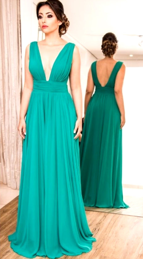 MACloth Deep V neck Chiffon Long Prom Dress Turquoise Formal Evening Gown