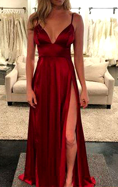 MACloth Spaghetti Straps V Neck Long Prom Dress Burgundy Formal Evening Gown