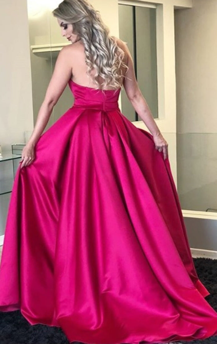 MACloth Trägerloses, langes Ballkleid mit Herzausschnitt, fuchsiafarbenes Satin-Abendkleid