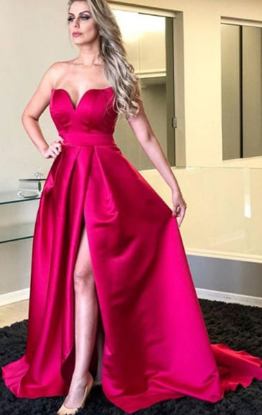 MACloth Strapless Sweetheart Long Prom Dress Fuchsia Satin Formal Evening Gown