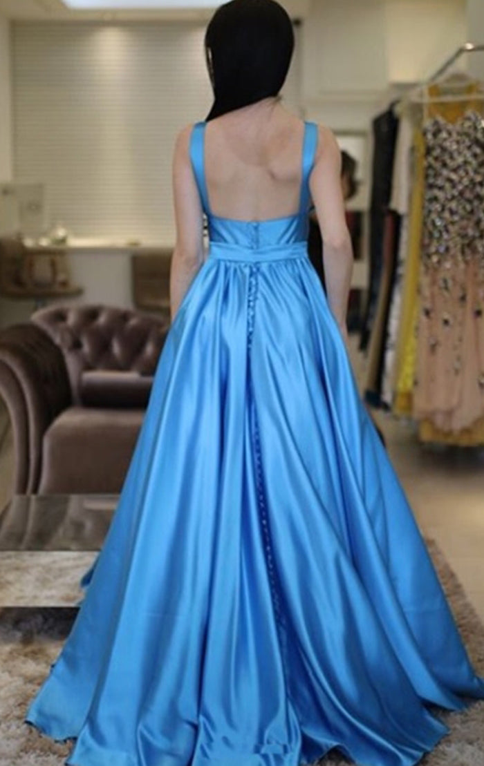 Vestido de fiesta largo de satén con escote en V y tirantes MACloth, vestido de noche formal azul