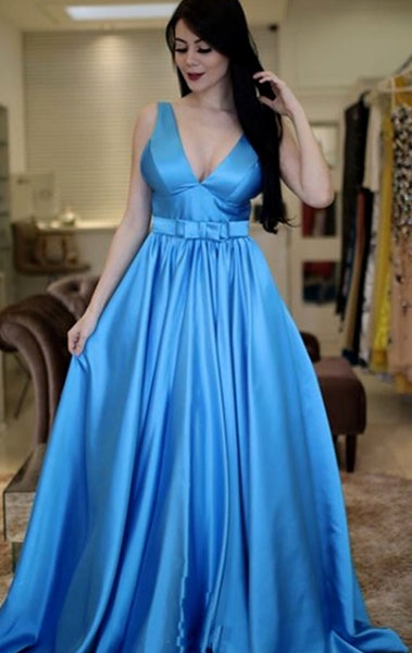 MACloth Straps V Neck Satin Long Prom Dress Blue Formal Evening Gown