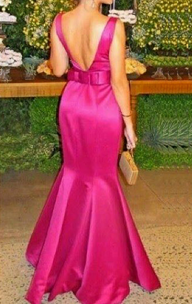 MACloth Mermaid V Neck Satin Long Prom Dress Fuchsia Formal Evening Gown