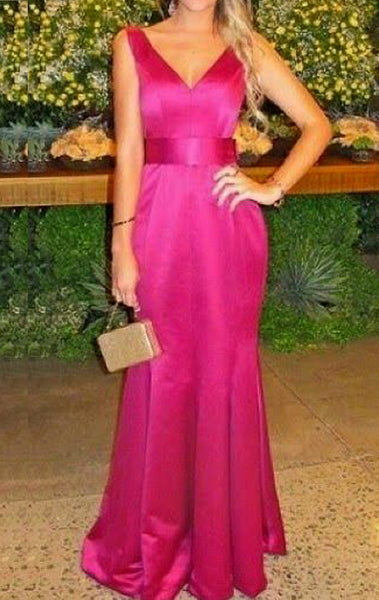 MACloth Mermaid V Neck Satin Long Prom Dress Fuchsia Formal Evening Gown