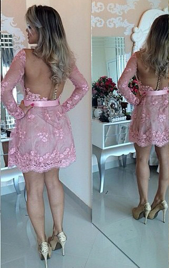 Vestido de fiesta de bienvenida con encaje y escote en V y mangas largas de MACloth, vestido de noche formal rosa