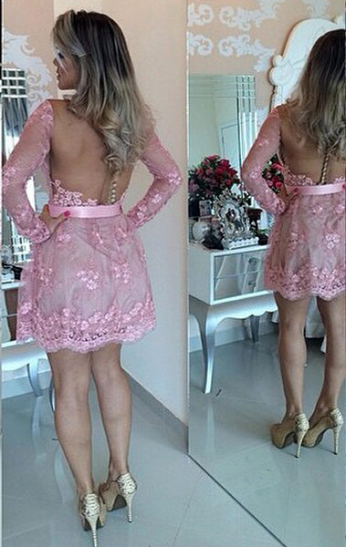 MACloth Long Sleeves V Neck Lace Prom Homecoming Dress Pink Formal Evening Gown