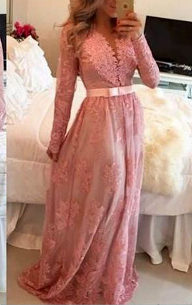 MACloth Long Sleeves V Neck Lace Prom Homecoming Dress Pink Formal Evening Gown