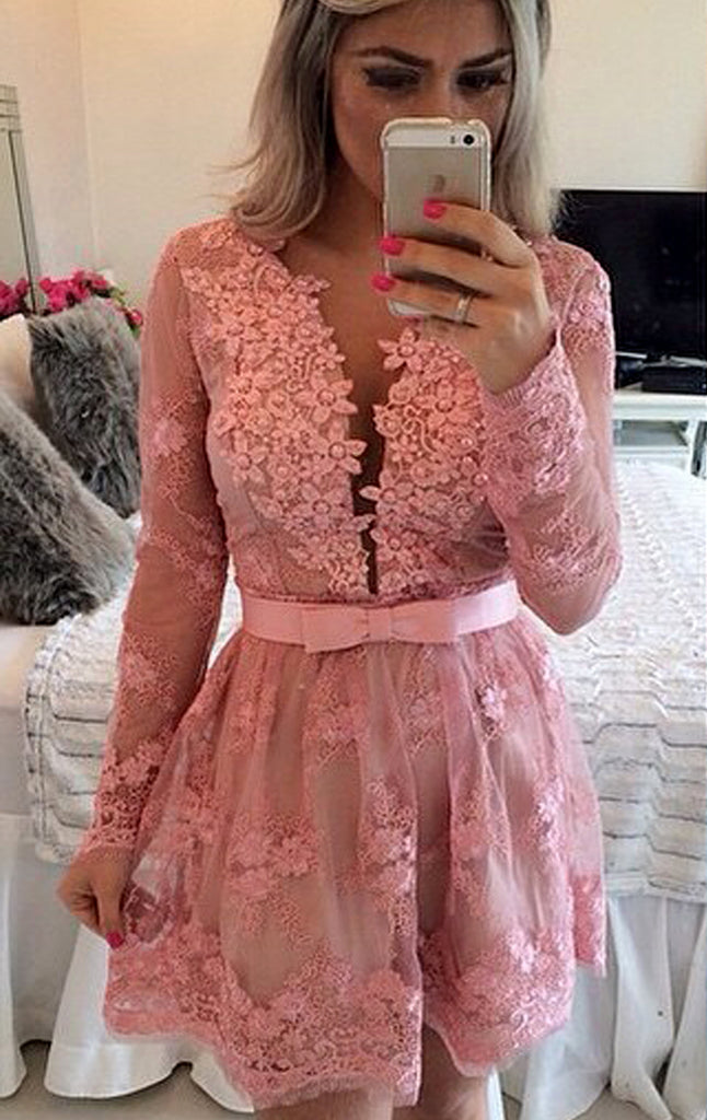 MACloth Long Sleeves V Neck Lace Prom Homecoming Dress Pink Formal Evening Gown