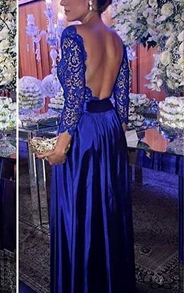 Macloth Long Sleeves Gold Lace Satin Prom Dress Sky Blue Formal Evening Gown US14 / Custom Color