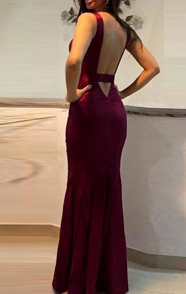 MACloth Sheath V Neck Long Prom Dress Burgundy Formal Evening Gown