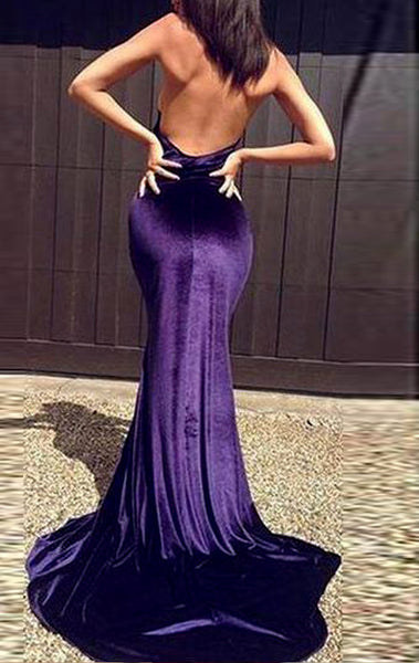 MACloth Mermaid Halter High Neck Velvet Long Prom Dress Purple Formal Evening Gown