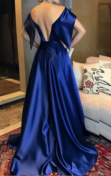 MACloth Boat Neck Long Satin Prom Dress Royal Blue Formal Evening Gown