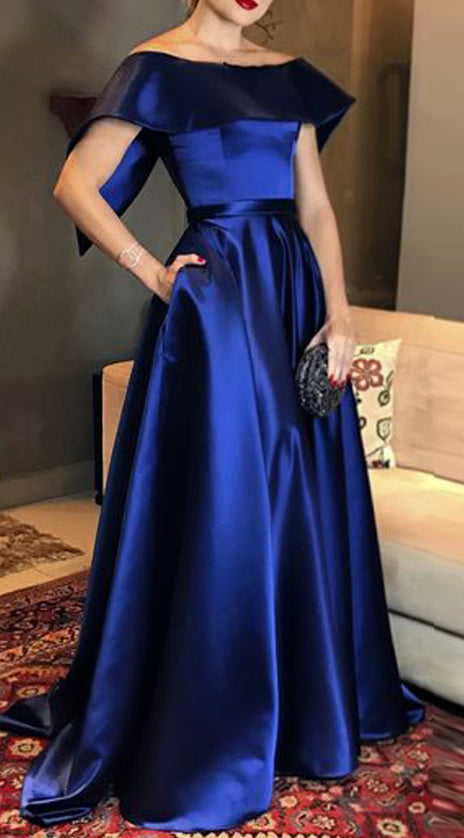 MACloth Boat Neck Long Satin Prom Dress Royal Blue Formal Evening Gown