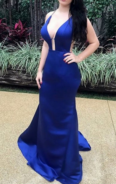 MACloth Spaghetti Straps Deep V neck Satin Long Prom Dress Royal Blue Formal Evening Gown