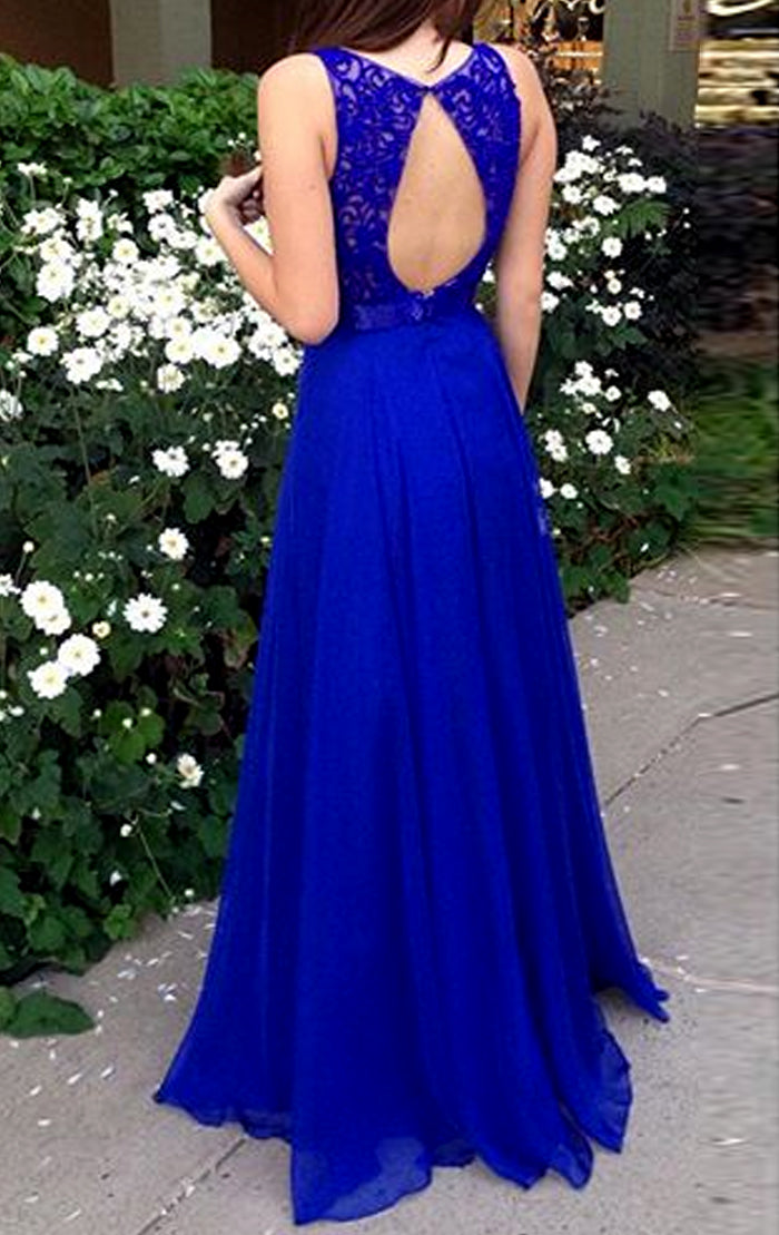 MACloth Straps O Neck Lace Chiffon Long Prom Dress Royal Blue Formal Evening Gown
