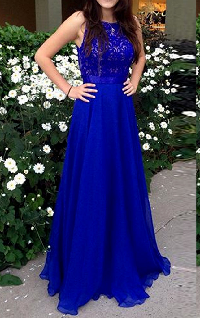 MACloth Straps O Neck Lace Chiffon Long Prom Dress Royal Blue Formal Evening Gown