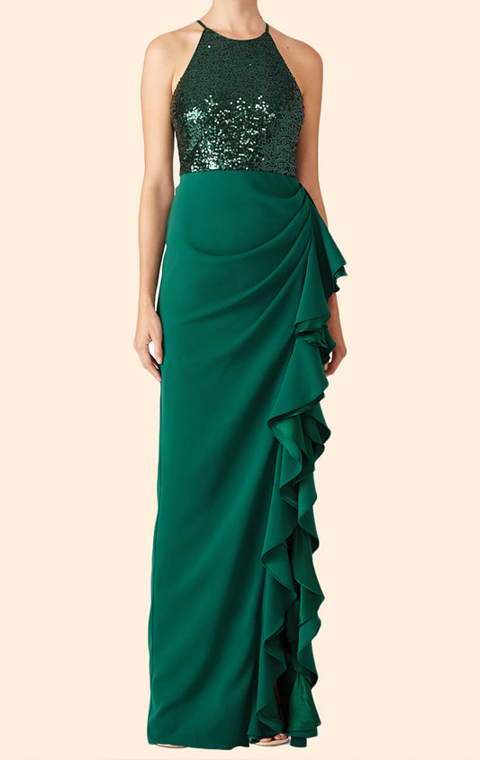 Vestido de fiesta largo de gasa con lentejuelas y cuello halter de MACloth, vestido de noche formal verde oscuro