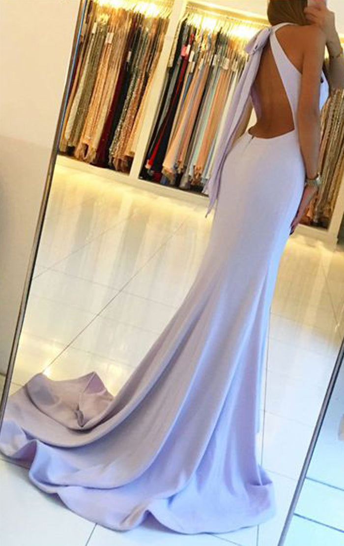 MACloth Halter Mermaid Jersey Long Prom Dress with Open Back Sky Blue Formal Evening Gown