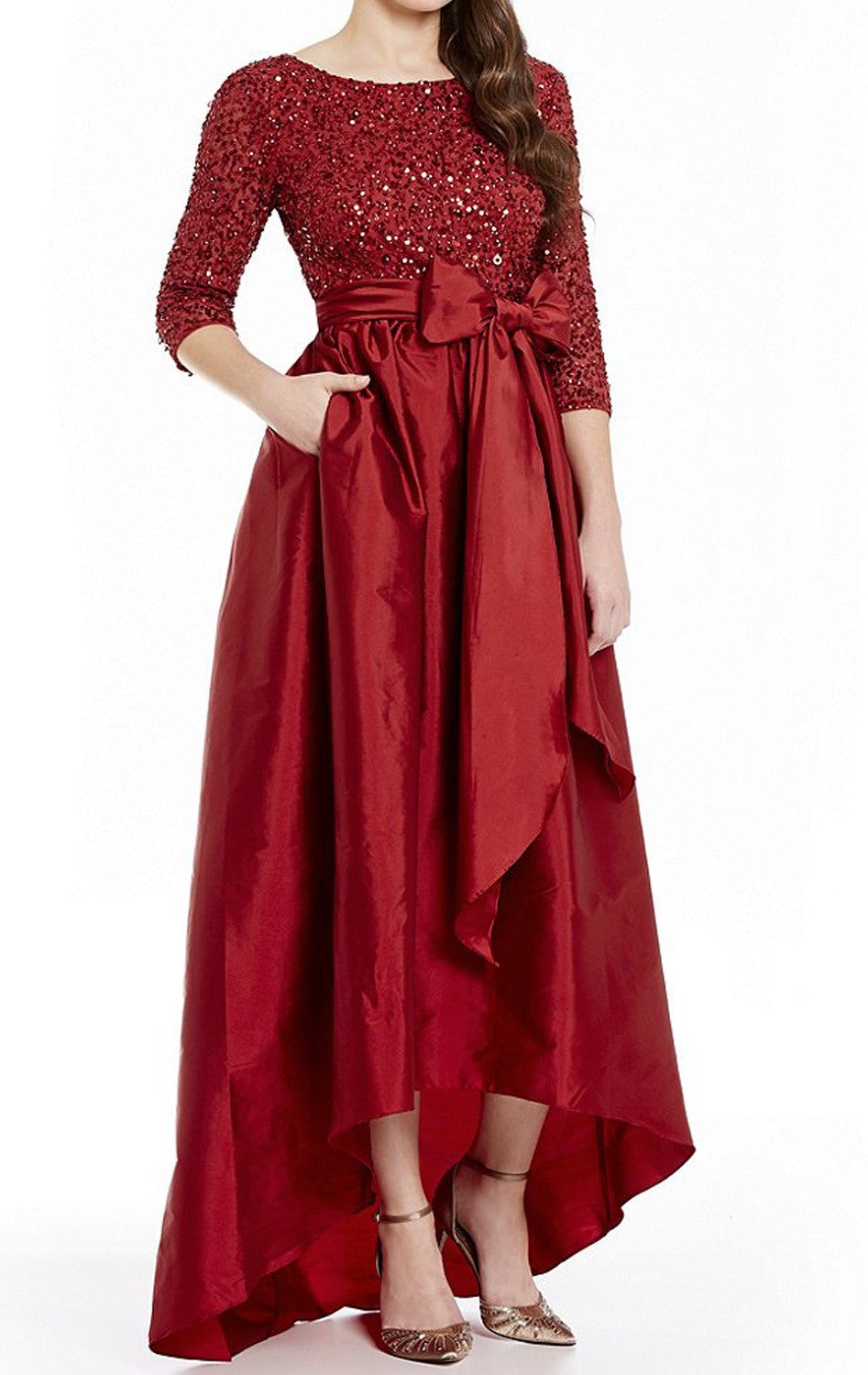 Vestido de noche formal con lentejuelas en azul marino oscuro para madre de la novia con media manga y corte alto bajo de MACloth