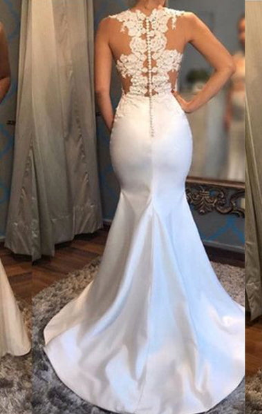 MACloth Mermaid Illusion Lace Long Prom Dress Ivory Formal Evening Gown