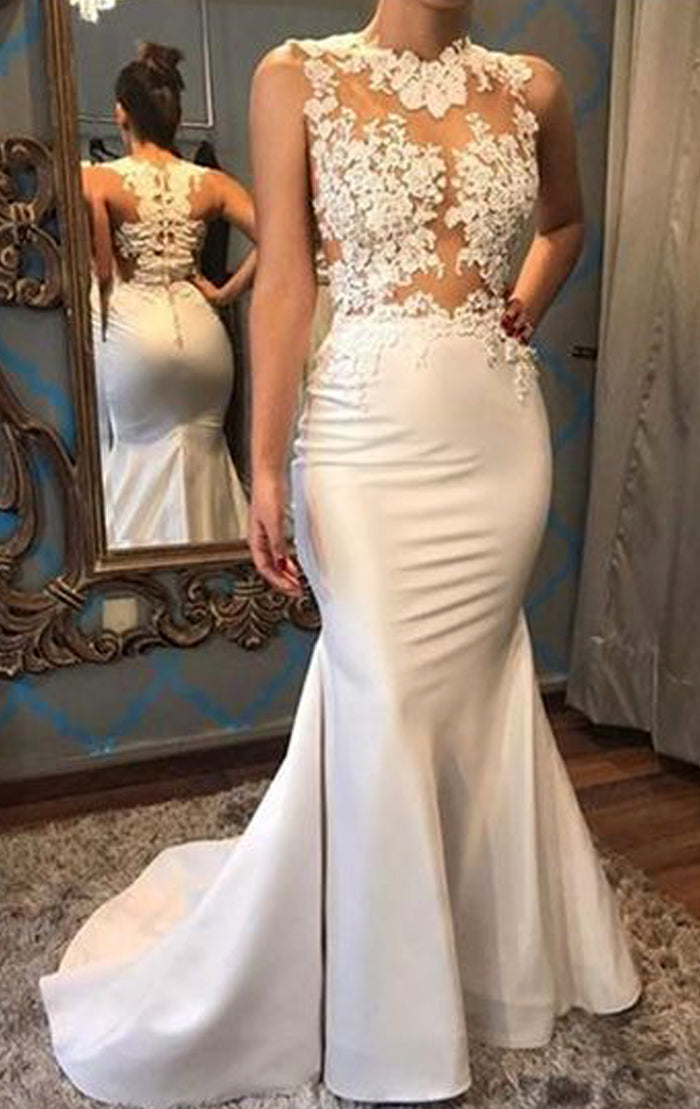 Vestido de fiesta largo de encaje con ilusión de sirena MACloth en color marfil, vestido de noche formal