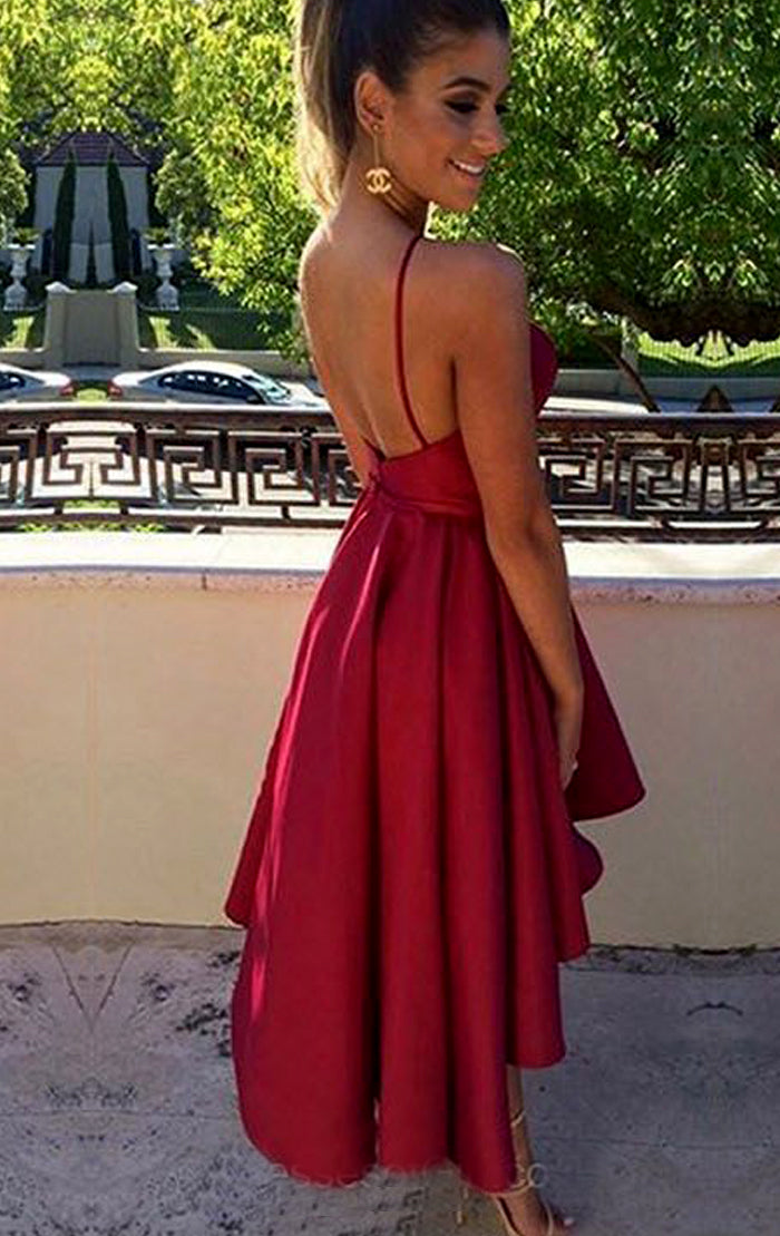 Vestido de fiesta de satén con escote halter alto bajo de MACloth, vestido formal de fiesta de graduación de color burdeos