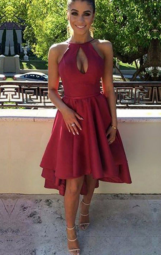 Vestido de fiesta de satén con escote halter alto bajo de MACloth, vestido formal de fiesta de graduación de color burdeos