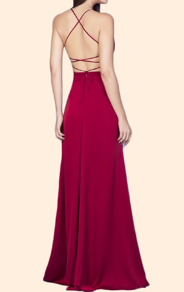 MACloth Spaghetti Straps V Neck Chiffon Long Prom Dress Red Formal Evening Gown