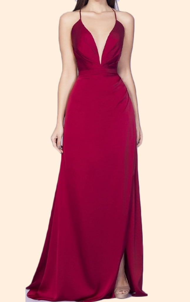 MACloth Spaghetti Straps V Neck Chiffon Long Prom Dress Red Formal Evening Gown
