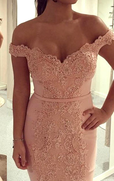 MACloth Mermaid Off the Shoulder Lace Jersey Long Prom Dress Blush Pink Formal Evening Gown