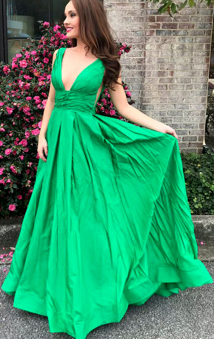 Vestido de fiesta largo de tafetán con escote en V y tirantes MACloth, vestido de noche formal verde