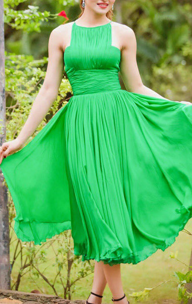 MACloth Halter Chiffon Tea Length Prom Dress Green Formal Party Gown