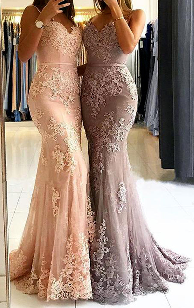 MACloth Mermaid Spaghetti Straps Lace Long Prom Dress Pink Formal Evening Gown