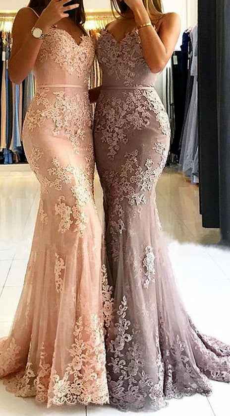 MACloth Mermaid Spaghetti Straps Lace Long Prom Dress Pink Formal Evening Gown