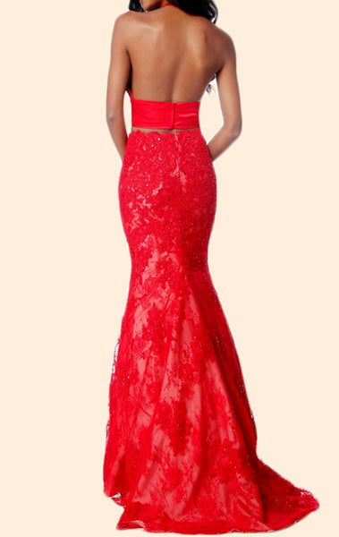 MACloth Two Piece Mermaid Lace Prom Dress Red Formal Evening Gown