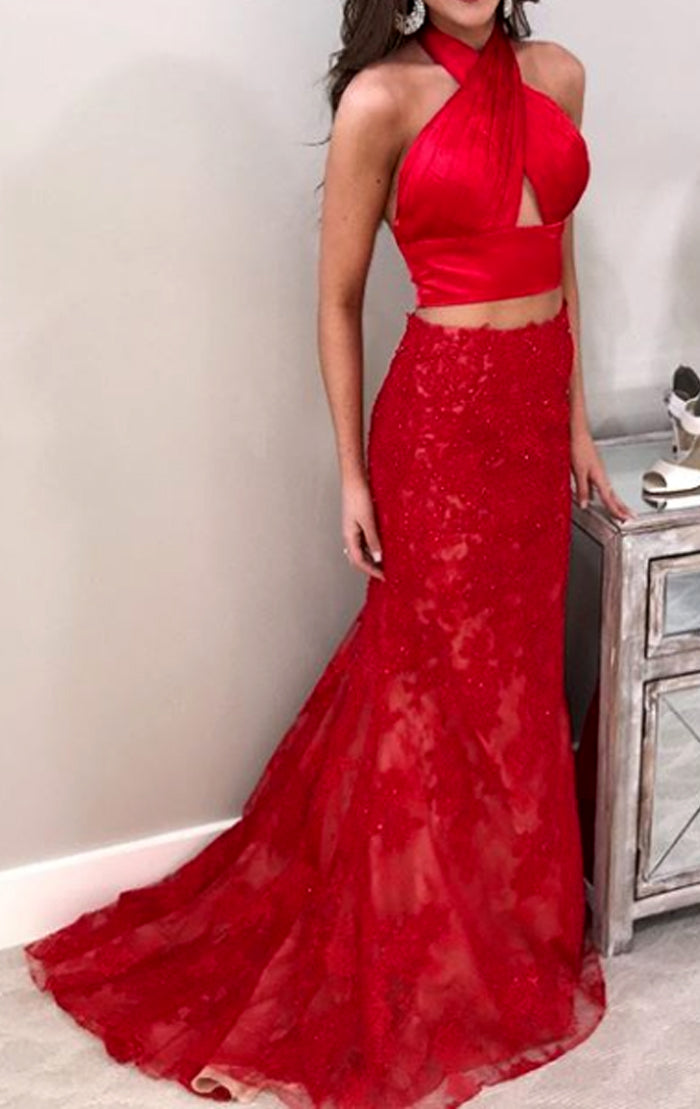 Vestido de fiesta de encaje de sirena de dos piezas MACloth, vestido de noche formal rojo