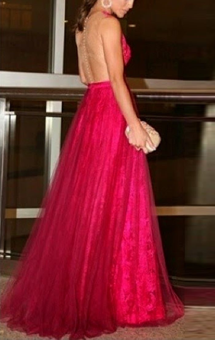 MACloth O Neck Lace Tulle Long Prom Dress Fuchsia Formal Evening Gown MACloth O Neck Lace Tulle Long Prom Dress Fuchsia Formal Evening Gown