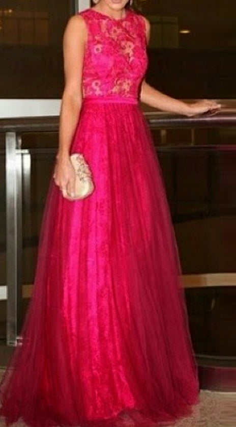 MACloth O Neck Lace Tulle Long Prom Dress Fuchsia Formal Evening Gown