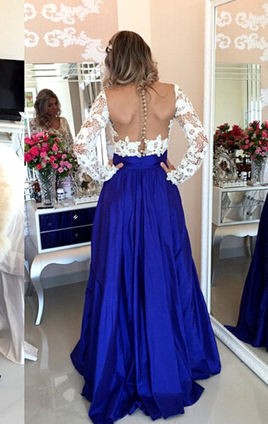 MACloth V Neck Long Sleeves Lace Chiffon Long Prom Dress Royal Blue Formal Evening Gown